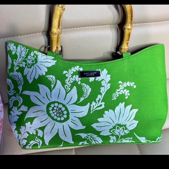 Kate Spade Green and White Floral Tote w rhinestones & Bamboo Handles - EUC Rare - Picture 16 of 16